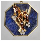 LAPIS, DIAMOND, ENAMEL & 18K GOLD PENDANT | An unusual pendant designed as an octagonal lapis set in
