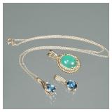 (3pc) GEMSTONE & 14K GOLD PENDANTS | Including a green cabochon chalcedony pendant in a (tested to) 