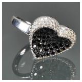 BLACK DIAMOND & 18K WHITE GOLD RING | Black diamond encrusted heart surrounded by melee diamonds, al