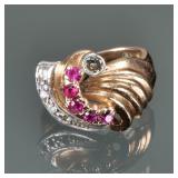 DIAMOND, RUBY, & 14K GOLD RING | Five rubies and five diamonds set in 14k yellow gold, with fineness