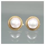 PAIR PEARL & 14K GOLD EARRINGS | Designed as central large half pearls (dia. 15mm) set in 14 karat g