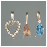 (3pc) GEMSTONE & 14K GOLD PENDANTS | Including an open heart shaped pendant, mounting, small, full c
