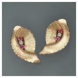 PAIR DIAMOND, RUBY & 14K EARRINGS | Postless / clip-on 14k yellow gold leaf or shell-form earrings w
