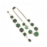 (2pc) CARVED GREEN TOURMALINE, PEARL & GOLD JEWELRY | Probably Chinese, Comprising a necklace having