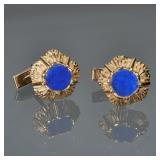 PAIR LAPIS LAZULI & 14K GOLD CUFFLINKS | Each having a central round polished lapis lazuli in a mold