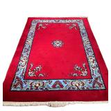 RED VINTAGE MOROCCAN RUG | Deep red color with a cerulean blue inner border. Tag reads "Morocco." - 