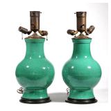 (2pc) PAIR APPLE GREEN LAMPS | Green glazed porcelain lamps with "cracked ice" glaze mounted on blac