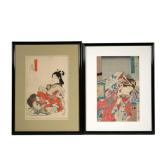 (2pc) JAPANESE WOODBLOCK PRINTS | Including: Ogato Gekko (1859-1920) woman with cat, 13.5 x 8.5in. s