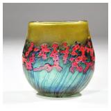 ROBERT HELD (B. 1943) ART GLASS PINCHED VASE | Having a greenish opalescent ground with deep red flo