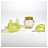 (3pc) FIGURAL VASELINE GLASS | Included a moulded Vaseline glass pig, a bud vase, and a chicken-form