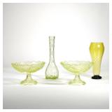 (4pc) VASELINE GLASS COMPOTES & VASES | Including a pair of Vaseline glass compost with grape and le