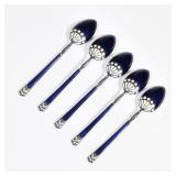 (5pc) HANS JORGEN HANSEN DANISH ENAMEL SILVER SPOONS | Each with blue and white enamel over sterling