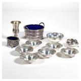 (11pc) SMALL STERLING DISHES | Sterling silver, including a set of 6 nut dishes, a cobalt glass line