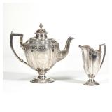 (2pc) ENGLISH STERLING TEAPOT & PITCHER | Sterling silver teapot with acorn finial with London hallm