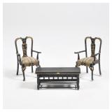 (3pc) MINIATURE CHINOISERIE SUITE | Dollhouse miniature suite comprising a pair of armchairs and a m
