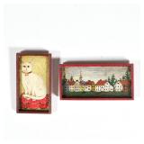 (2pc) GEORGE SCHLOSSER MINIATURE PAINTINGS | Two miniature folk art paintings, including a village t