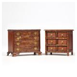 (2pc) DOLLHOUSE MINIATURE CHESTS | Two chests of drawers, one with contrasting inlaid woods in chevr