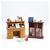 (2pc) MINIATURE OFFICE FURNITURE | Miniature dollhouse furniture, including a glass front bookcase c
