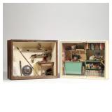 (2pc) MINIATURE DOLLHOUSE DIORAMAS | Two dollhouse miniature shadow box dioramas, including a sewing