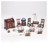 (14pc) DOLLHOUSE DEN FURNITURE | Miniature dollhouse furniture for a den, including: a drop front de