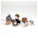 (14pc) DOLLHOUSE DEN FURNITURE | Miniature dollhouse furniture for a den, including: a drop front de