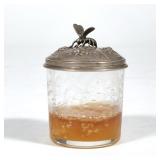 UNUSUAL SILVER LIDDED & ETCHED GLASS HONEY JAR | An etched glass jar with an 835 silver lid with bee