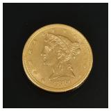 1881-S FIVE DOLLAR GOLD COIN | In an old coin case indicating "MS63+"; 8.4g