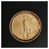 1924 SAINT GAUDENS $20 GOLD DOUBLE EAGLE | In a (tested to) 14k gold soldered twisted rope work surr