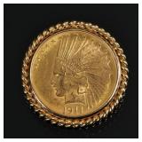 U.S. $10 GOLD COIN PIN | In a 14k gold twisted wirework surround with pin mounting.