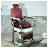 KOKEN ROUND SEAT BARBER CHAIR | Early 20th century enamel & cast iron barber chair from Koken Barber