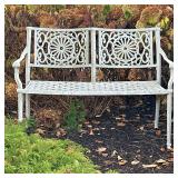 WHITE OUTDOOR BENCH | Painted white aluminum outdoor bench with double rounded back. - h. 31 x w. 17