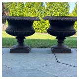 (2pc) PAIR ANTIQUE CAST IRON PLANTER URNS | Pair of cast iron planter urns. - h. 18 x dia. 18 in