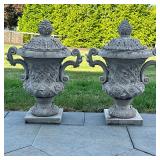 (2pc) PAIR CONCRETE URNS | Pair of large concrete urns with pineapple top. - h. 30 x w. 14 x l. 22 i