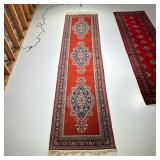 RED MEDALLION RUNNER | Having 3 medallions with floral design and floral border on red backing. - w.