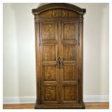 DREXEL HERITAGE CARVED WOOD WARDROBE | Painted panel doors with full-length mirror, 5 interior drawe