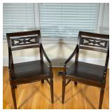 (2pc) PAIR WOOD ARMCHAIRS | Having carved back with spindle carved legs over H-stretcher. - h. 34 x 