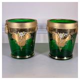 (2pc) PAIR MURANO STYLE GLASS BUCKETS | Green Murano-style glass buckets with gilt decoration & flor