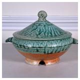ART POTTERY SOUP TUREEN | Green glazed tureen signed on bottom. - h. 7 x dia. 9 in