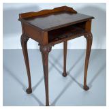 CARVED WOOD SIDE TABLE | Having burlwood veneer top over open drawer and carved cabriole legs with c