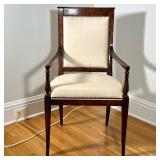 HENREDON CARVED ARMCHAIR | Henredon furniture carved wood armchair with riveted cream upholstery. - 