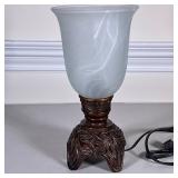 CARVED WOOD LAMP | Having carved wood base with glass shade. - h. 10.75 x dia. 5.5 in