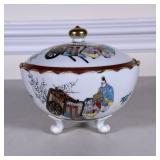 JAPANESE LIDDED BOWL | Decorated with figures & cart with gilt accent and gilt border, marked on bot