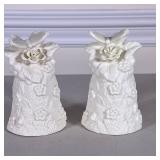 (2pc) PAIR PORCELAIN BELLS | Pair of ivory porcelain bells with butterfly top & flower relief. - h. 