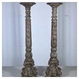 TALL CARVED CANDLESTICKS | Carved Ant Wood candlestick pedestals. - h. 30 x dia. 6.5 in