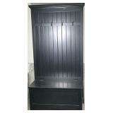 BALLARD DESIGNS HALL TREE | Black painted wood cabinet with bench, storage & hooks. - h. 72 x w. 19 