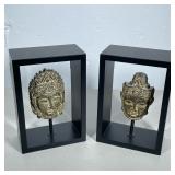 (2pc) PAIR MOUNTED WOOD CARVINGS | Wood carved masks mounted in black frame. - h. 8 x w. 3 x l. 5.5 