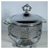 Chafing Dish | Round metal chafing dish with glass dish insert. - h. 12 x w. 9 x l. 11.5 in