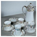 (9pc) NORITAKE PORCELAIN PARTIAL TEA SET | Including: teapot, 4 tea cups, and 6 saucers. - h. 9 x di