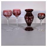 (4pc) MIXED-CUT CRANBERRY GLASS | Including: cranberry glass vase, pair large cut glass wine glasses
