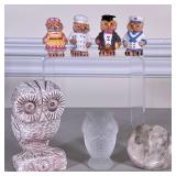 (7pc) MIXED OWL FIGURES | Including: carved stone owls, cut glass owl figurine & 4 miniature owl fig